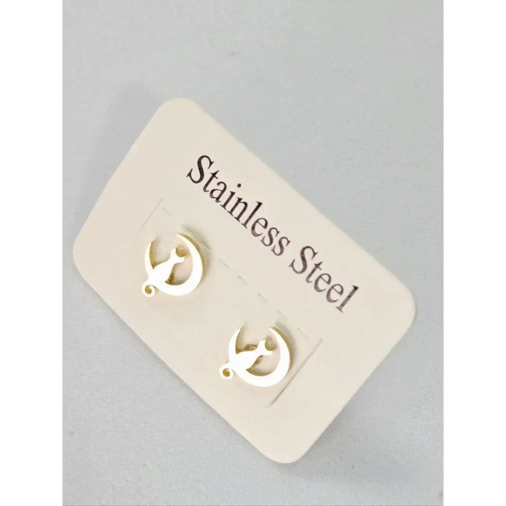 Gold Crescent Moon Cat Stud Earrings Dainty Celestial Stainless Steel Dreamy